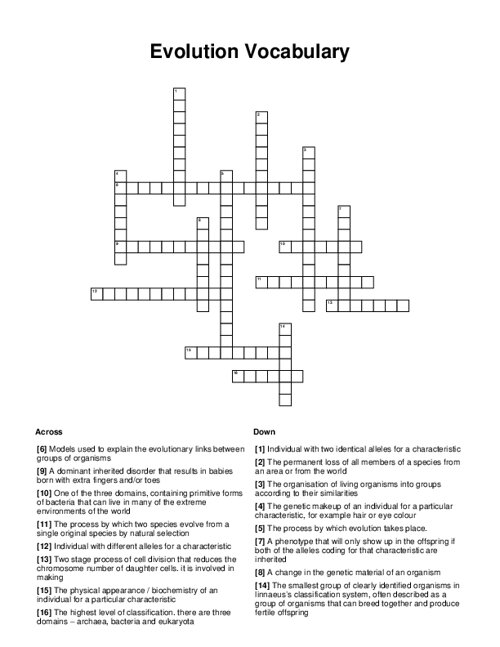 Evolution Vocabulary Crossword Puzzle