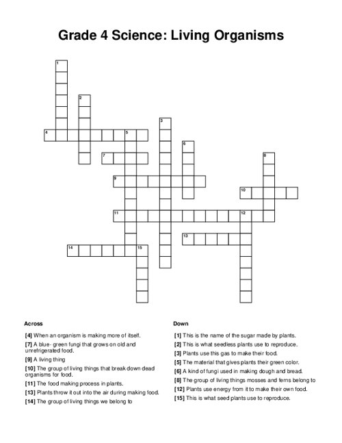 Grade 4 Science: Living Organisms Crossword Puzzle