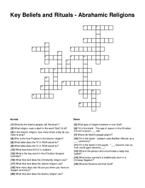 Key Beliefs and Rituals - Abrahamic Religions Crossword Puzzle