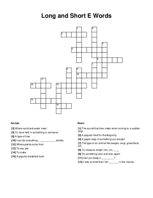 Long and Short E Words Crossword Puzzle
