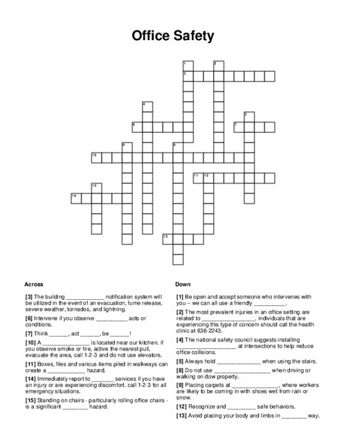 Office Safety Crossword Puzzle