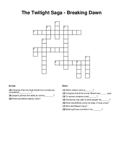 The Twilight Saga Breaking Dawn Crossword Puzzle
