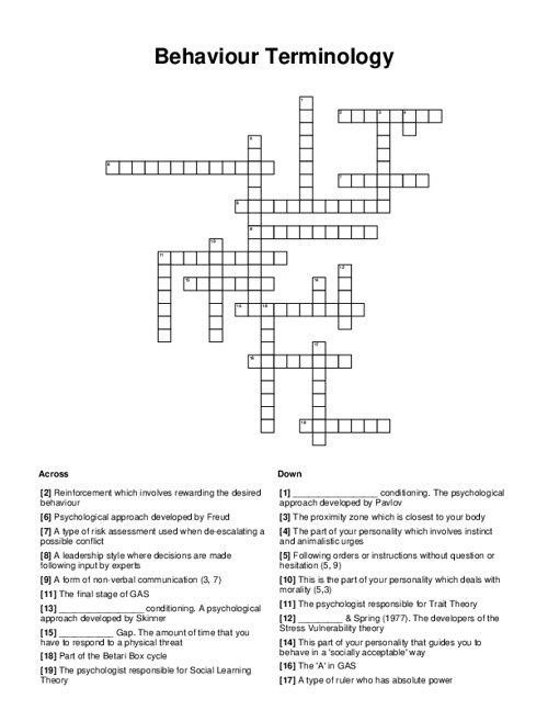 Behaviour Terminology Crossword Puzzle