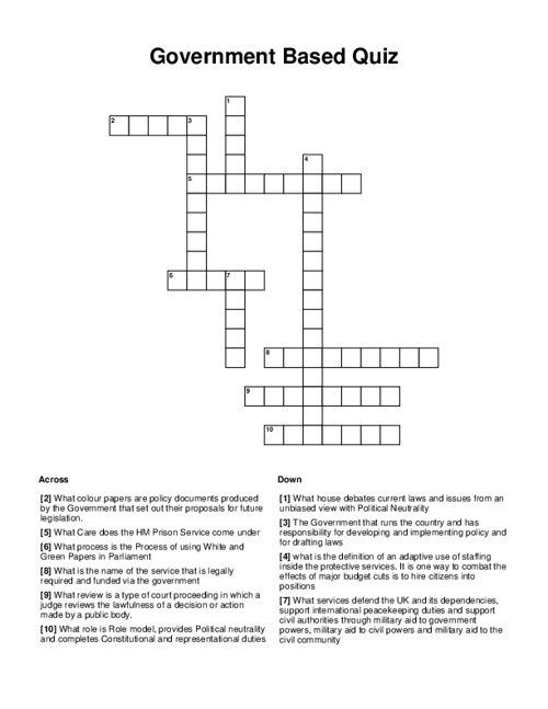 Government Based Quiz Crossword Puzzle