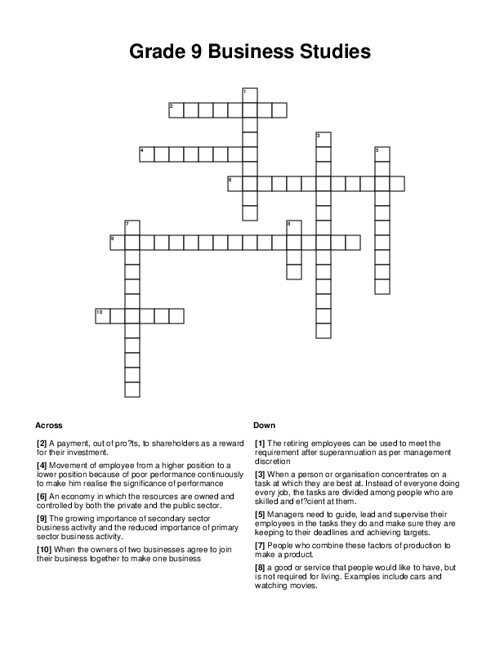 Grade 9 Business Studies Crossword Puzzle