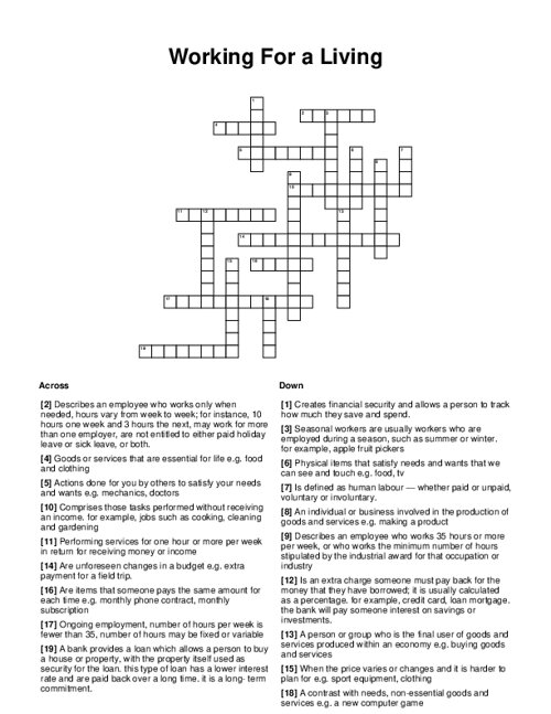 Working For a Living Crossword Puzzle