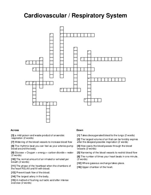 Cardiovascular / Respiratory System Crossword Puzzle