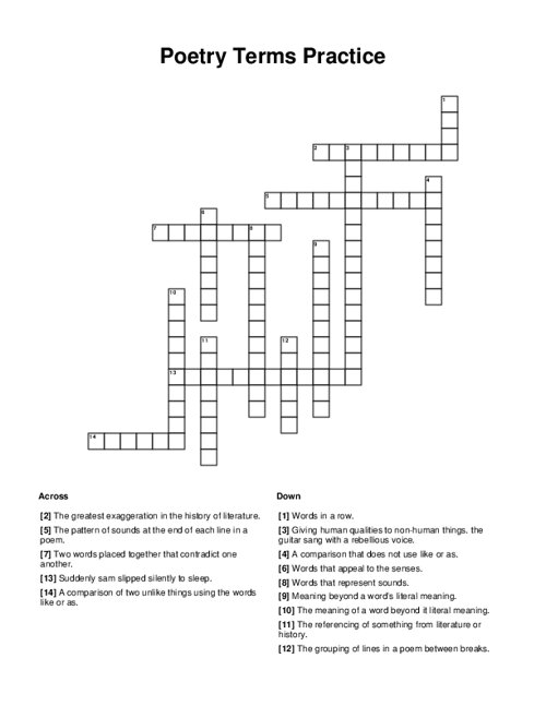 Poetry Terms Practice Crossword Puzzle