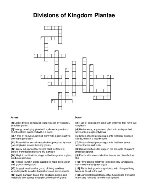 Divisions of Kingdom Plantae Crossword Puzzle