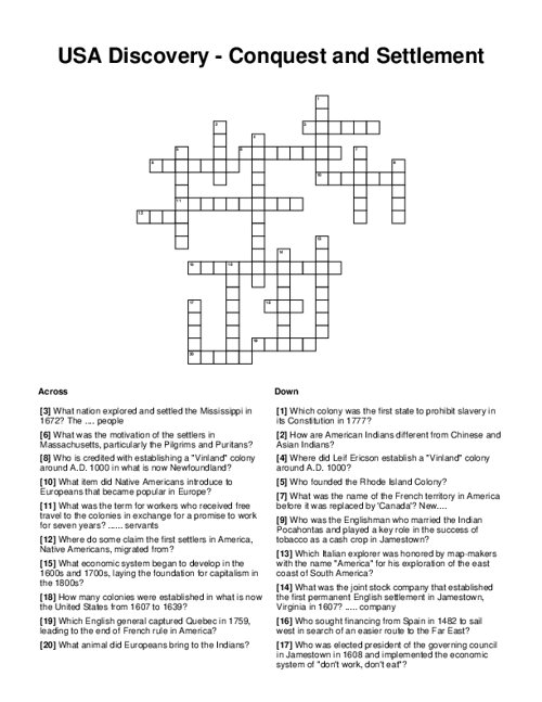 USA Discovery - Conquest and Settlement Crossword Puzzle