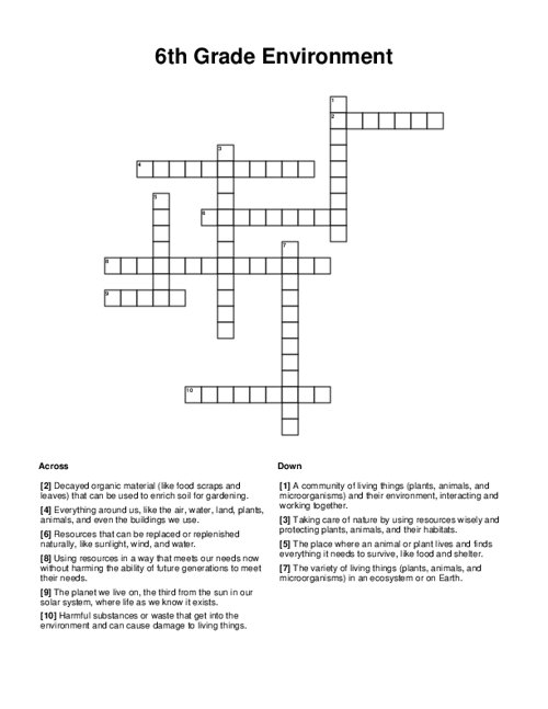 6th Grade Environment Crossword Puzzle