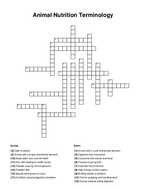 Animal Nutrition Terminology Crossword Puzzle