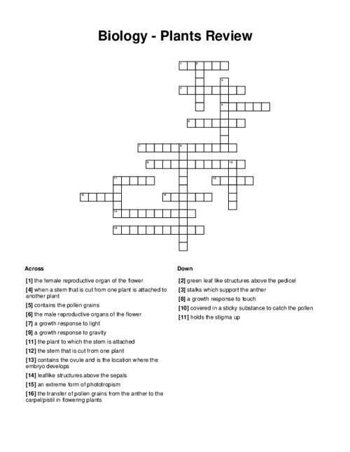 Biology - Plants Review Crossword Puzzle