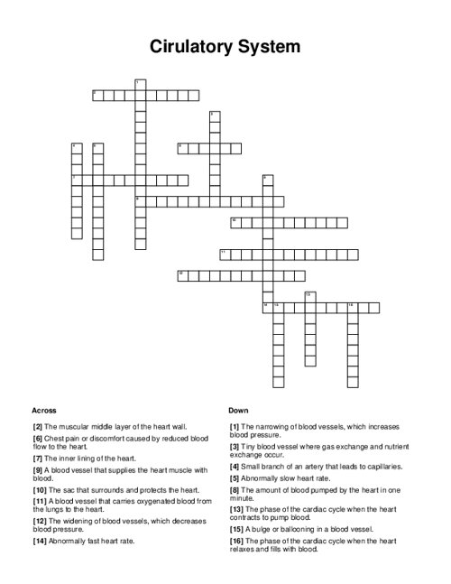 Cirulatory System Crossword Puzzle