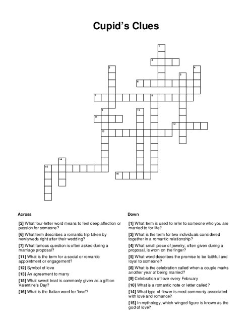 Cupid’s Clues Crossword Puzzle