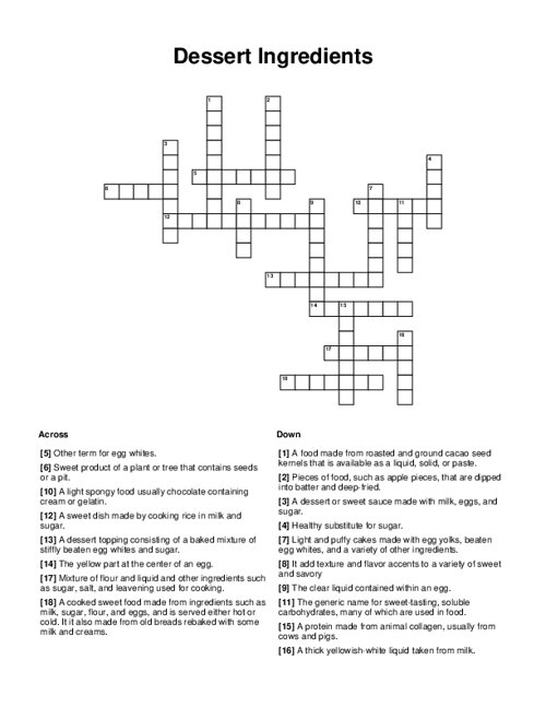 Dessert Ingredients Crossword Puzzle