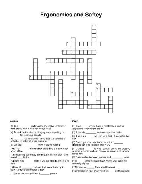 Ergonomics and Saftey Crossword Puzzle