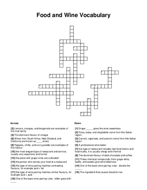 Food and Wine Vocabulary Crossword Puzzle