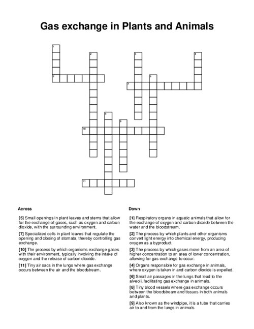 Gas exchange in Plants and Animals Crossword Puzzle