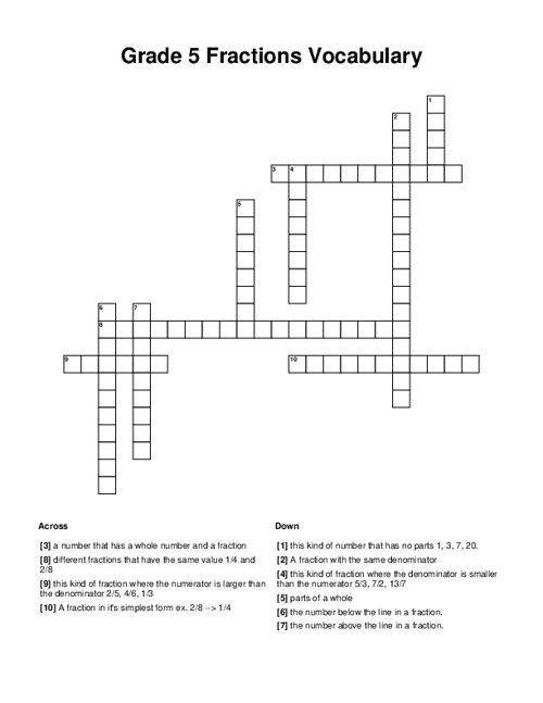 Grade 5 Fractions Vocabulary Crossword Puzzle