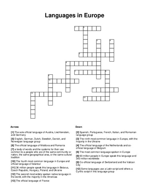 Languages in Europe Crossword Puzzle