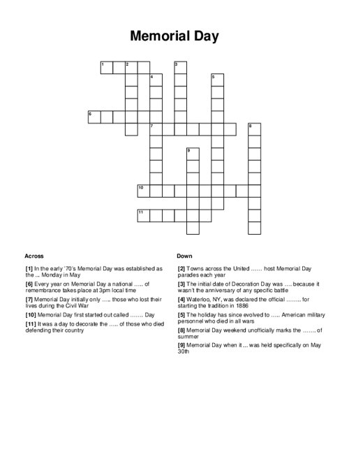 Memorial Day Crossword Puzzle