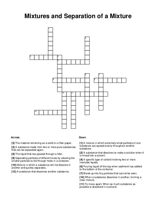 Mixtures and Separation of a Mixture Crossword Puzzle