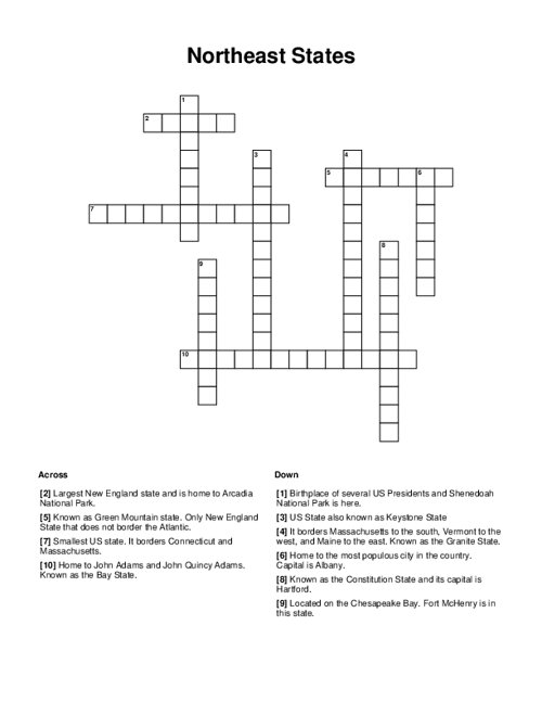 Northeast States Crossword Puzzle