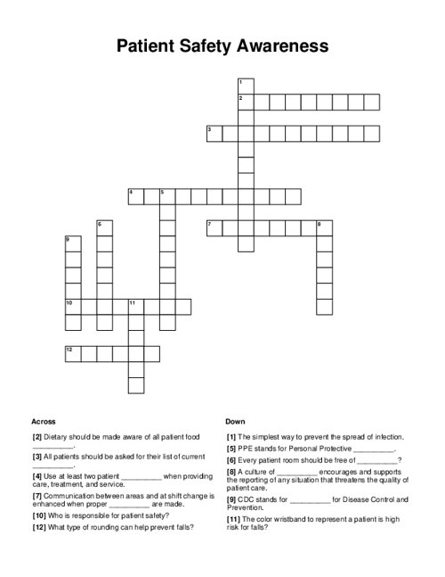 Patient Safety Awareness Crossword Puzzle