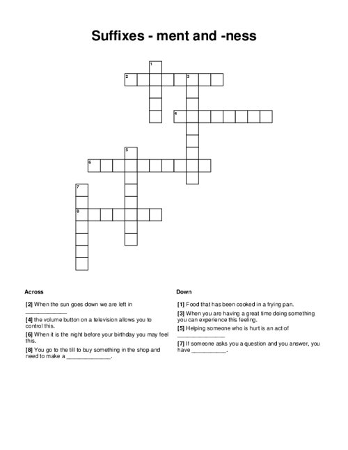 Suffixes - ment and -ness Crossword Puzzle