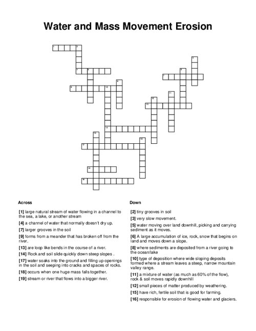 Water and Mass Movement Erosion Crossword Puzzle