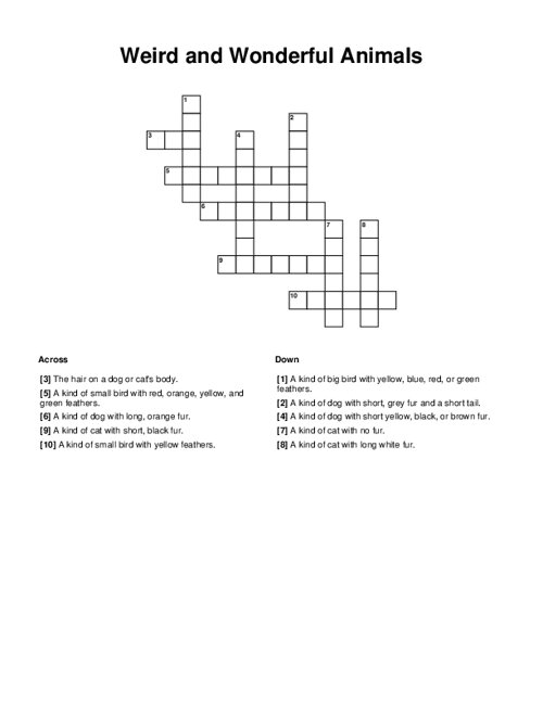 Weird and Wonderful Animals Crossword Puzzle