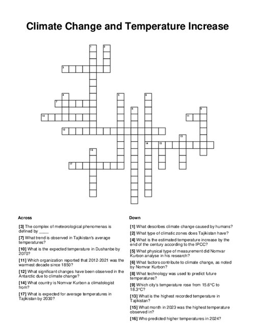 Climate Change and Temperature Increase Crossword Puzzle