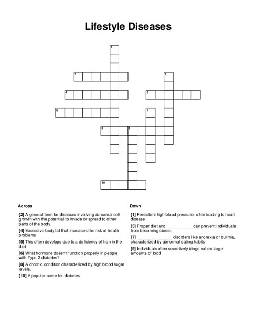 Lifestyle Diseases Crossword Puzzle