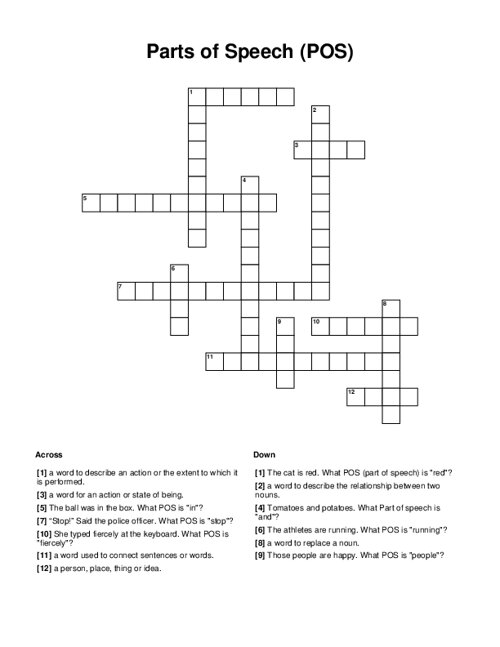 Parts of Speech (POS) Crossword Puzzle