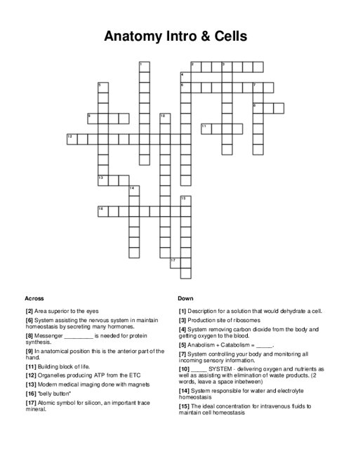 Anatomy Intro & Cells Crossword Puzzle