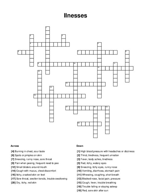 Ilnesses Crossword Puzzle