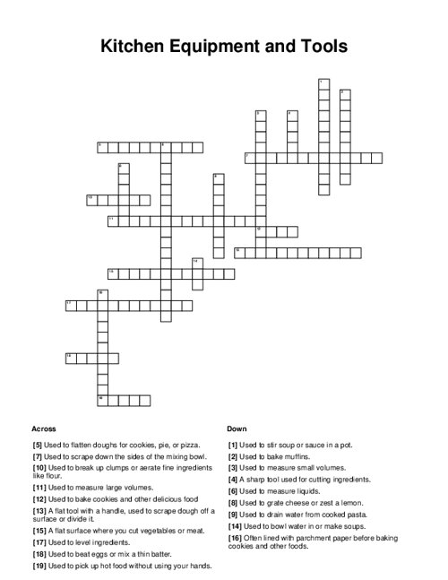 Kitchen Equipment and Tools Crossword Puzzle