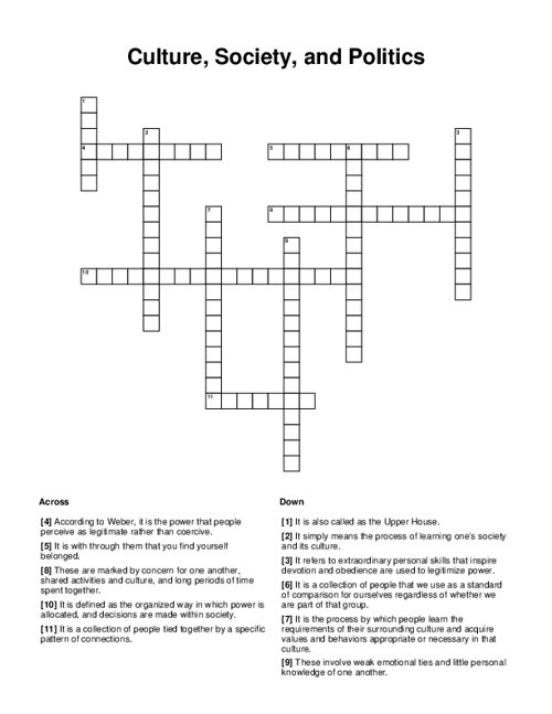 Culture, Society, and Politics Crossword Puzzle