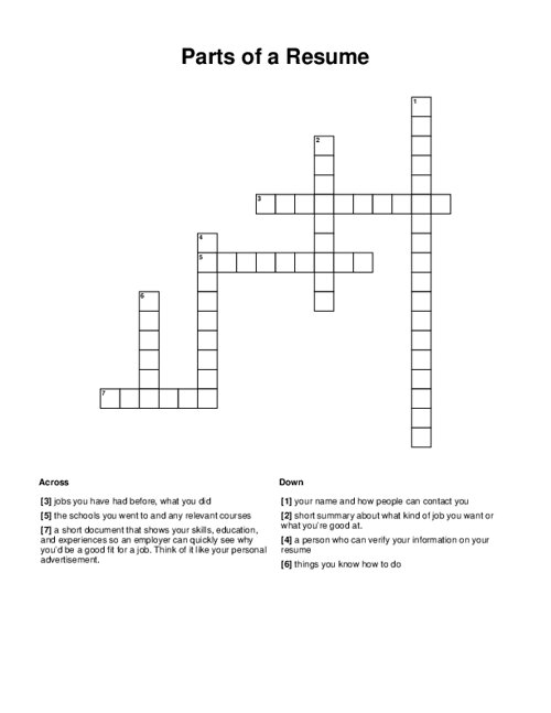 Parts of a Resume Crossword Puzzle