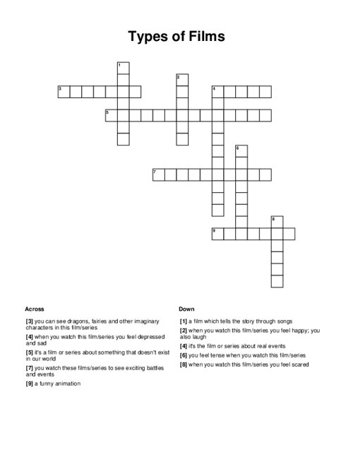 Types of Films Crossword Puzzle