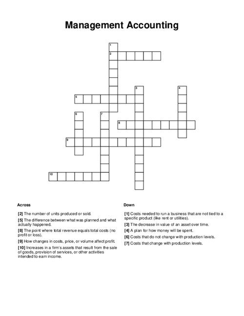 Management Accounting Crossword Puzzle