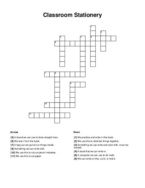Classroom Stationery Crossword Puzzle