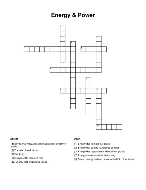 Energy & Power Crossword Puzzle