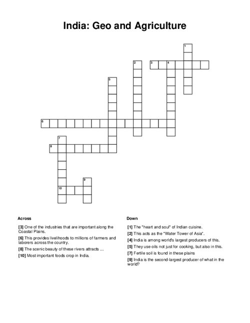 India: Geo and Agriculture Crossword Puzzle