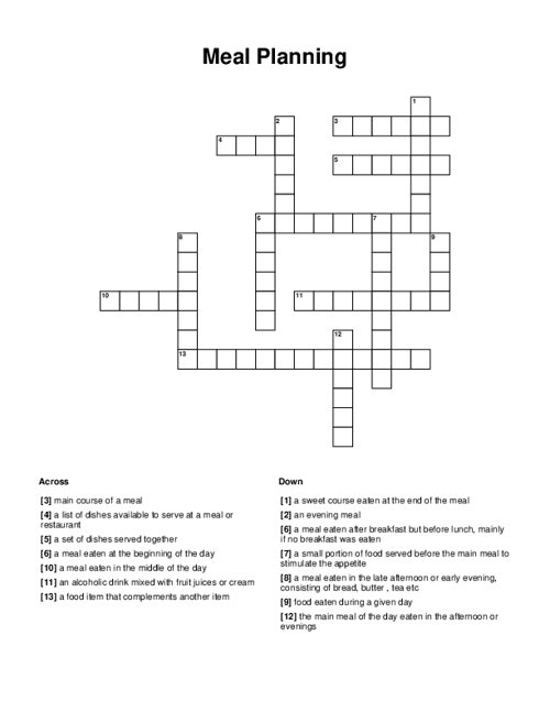 Meal Planning Crossword Puzzle