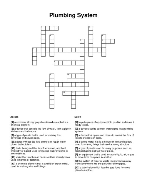 Plumbing System Crossword Puzzle