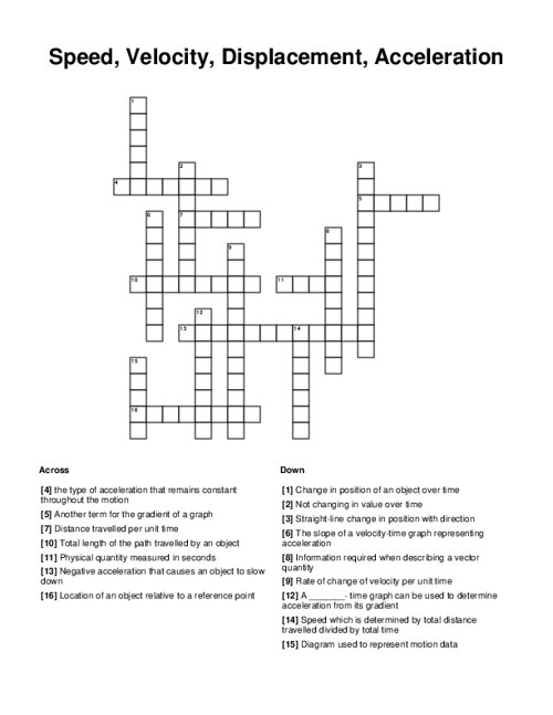 Speed, Velocity, Displacement, Acceleration Crossword Puzzle