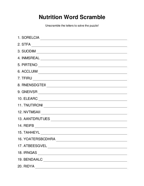 Nutrition Word Scramble