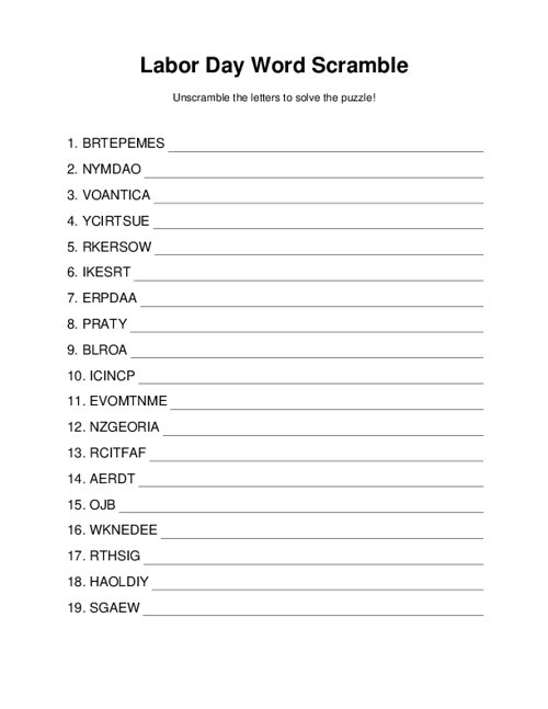 Labor Day Word Scramble